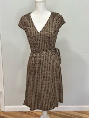 LOFT Brown Patterned V-Neck Midi Wrap Dress